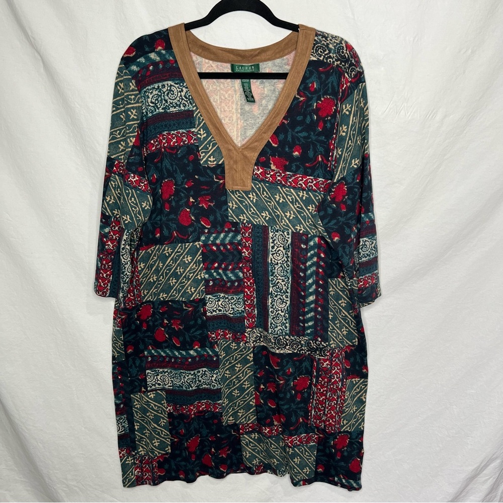Ralph Lauren Tshirt Dress Womens 3X Plus Patchwork Floral Faux Suede Cottagecore